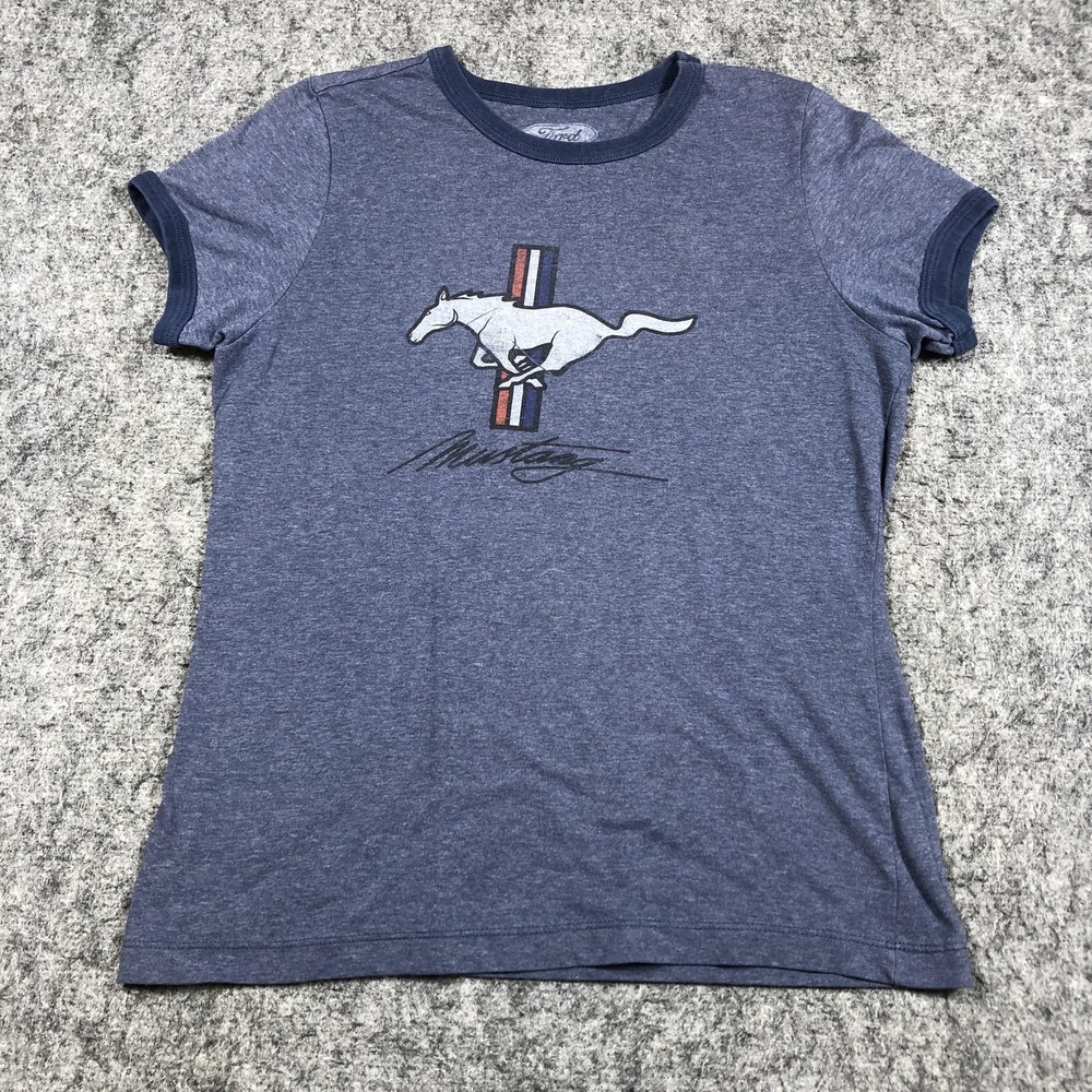 Ford Mustang Shirt Womens Medium Blue Ringer Graphic Tee Top Pony Car Logo
